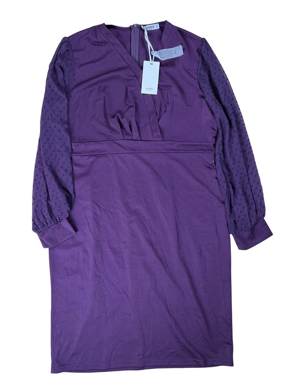 Grace Karin Dress Womens 2XL Purple Pencil Knee Length V-Neck Pleated Stretch